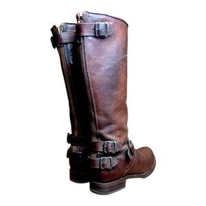 Frye Chestnut Leather Buckle Boots